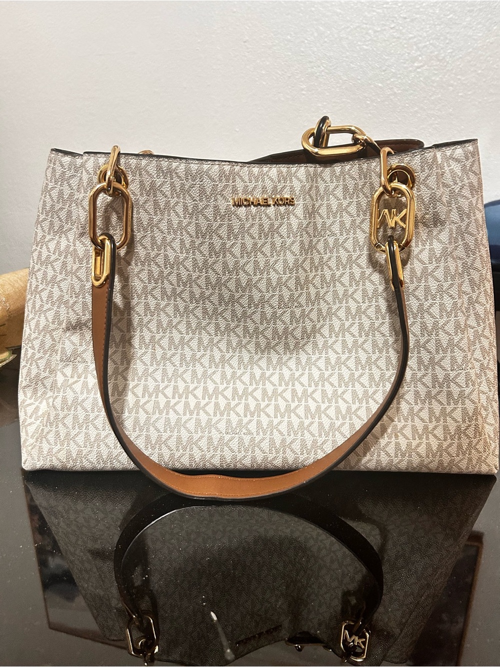 Michael Kors Beige/Acorn Logo-Print Tote with Gold Hardware
